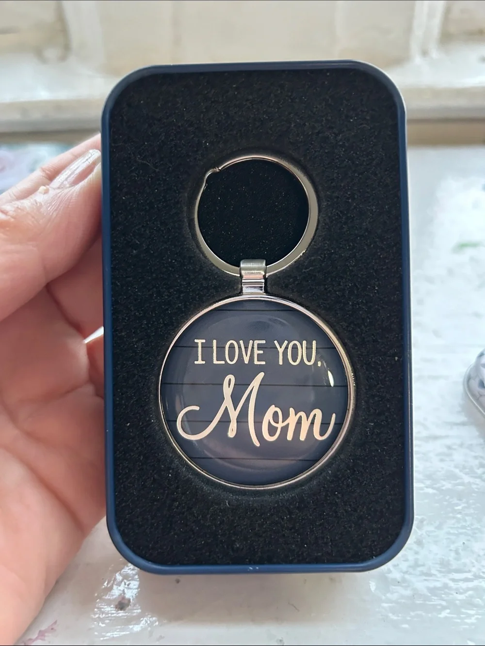 I Love You Mom Keychain - Navy Blue Sentiment Keyring